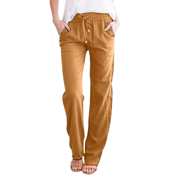 Pantalones elásticos de pierna recta para mujer - Cintura con cordón de algodón - Casual de cintura alta - Terciopelo dorado - Tallas S-XXL - Todas las estaciones