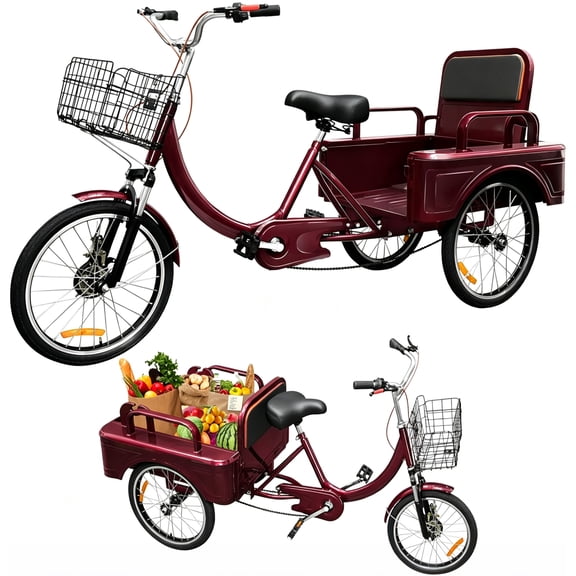 NEORIVER Adult Tricycle, 20 Inch 3-Wheel Bikes Carrying Passengers and Cargo, Trike for Adults with Front Baskets for Women, Seniors, Men, Low Step-Through Cruiser Bike for Cycling, Outing, Picnic
