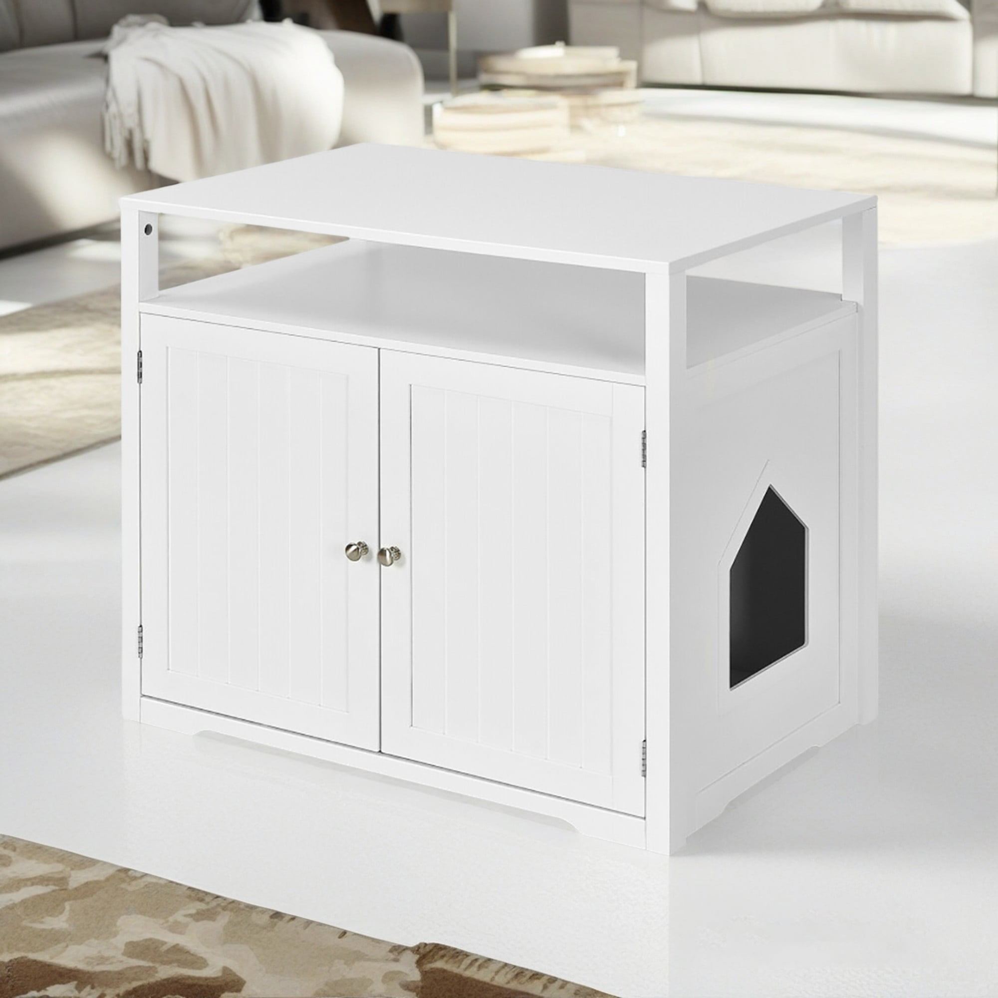 Kadyn 31" Wooden Hidden Cat Litter Box Enclosure Furniture, Cat Washroom with Storage Layer, Cat House for Large Cats, White