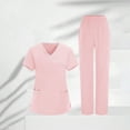 thumbnail image 3 of Bloomae Scrubs Set for Women Medical Uniform–Summer Short Sleeve Stretch Wrap V-Neck Top & Straight Leg Pants with Multi-Pockets for Nurse Workwear Pink S, 3 of 10