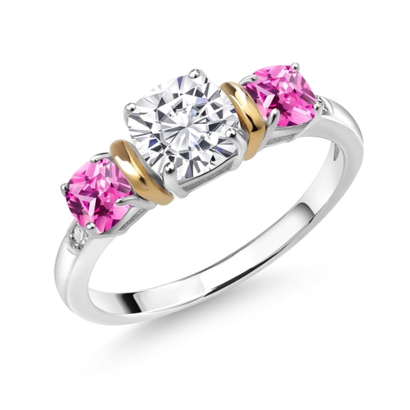 Gem Stone King 925 Silver and 10K Yellow Gold Pink Created Sapphire Diamond 3-Stone Ring Set with Moissanite (1.81 Cttw) (Size 9)