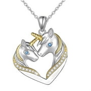Mother Daughter Unicorn Necklace Heart With Crystal Silver and Goldtone Plated Anti-Tarnish Jewelry J-062