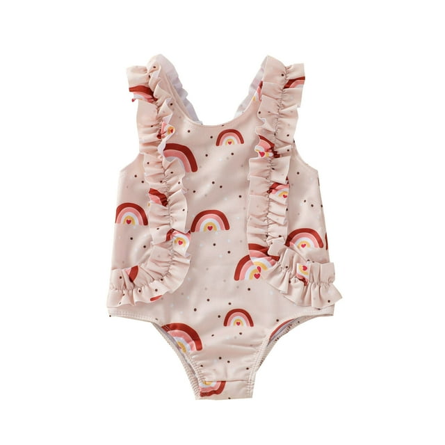 Kids Girls Summer Bathing Beach Suits Rainbow Wear Printed Swimwear Ruffles Sleeveless One Piece Swimsuit Spring Swimsuits For Kid 6-12M