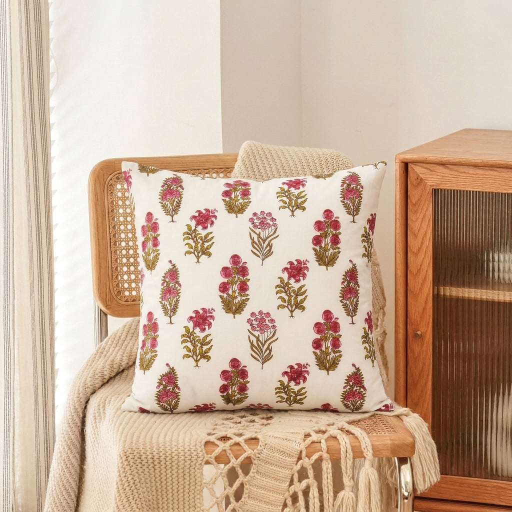 SHOPCREW Hand Block Printed Cotton Cushion Covers with Zipper Closure, Decorative Throw Pillow Covers for Sofa Couch Bed, 18x18 Inches, Pack of 4 - Wildflower Symphony