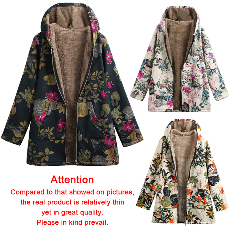 Women Faux Fur Hooded Parka Coat Floral Print Side Pockets Warm Vintage Casual Long Coat Outwear - image 4 of 7