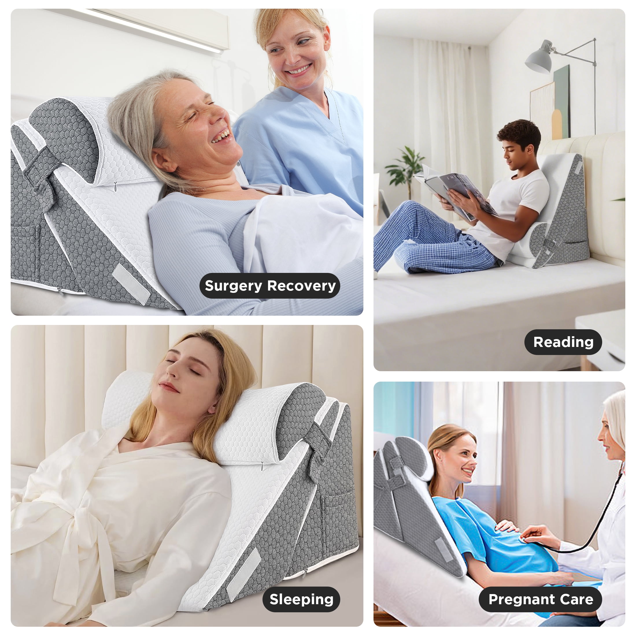 Grnoedn Wedge Pillow for Sleeping,Orthopedic Adjustable Memory Foam Bed Wedge Pillows Set for Acid Reflux,Leg Back Pain Relief & Reading Rest,Headboard with Neck Support & Gray Removable Pillowcase