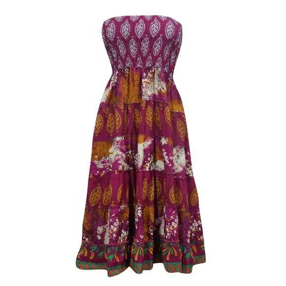Mogul Womens Sundress Pink Smocked Bodice Printed Patchwork Beach Skirts M