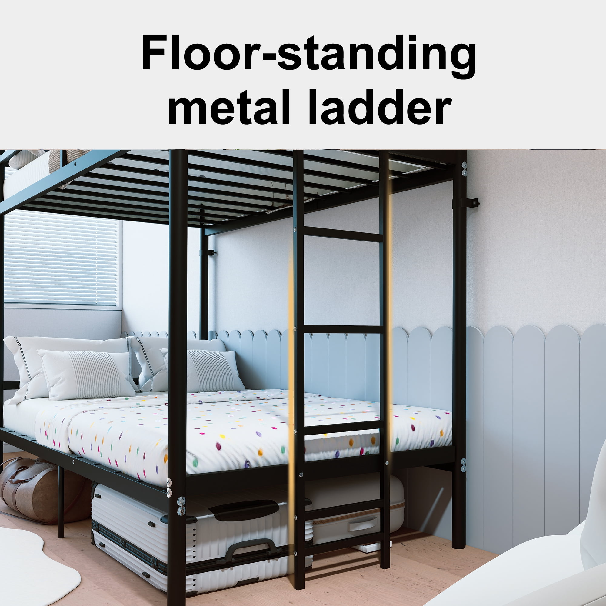 Bunk Bed with Ladder and high Guardrail, Able to Split, Metal Bunk Bed, Storage Space, Noise Free,Twin Over Twin Size,Black