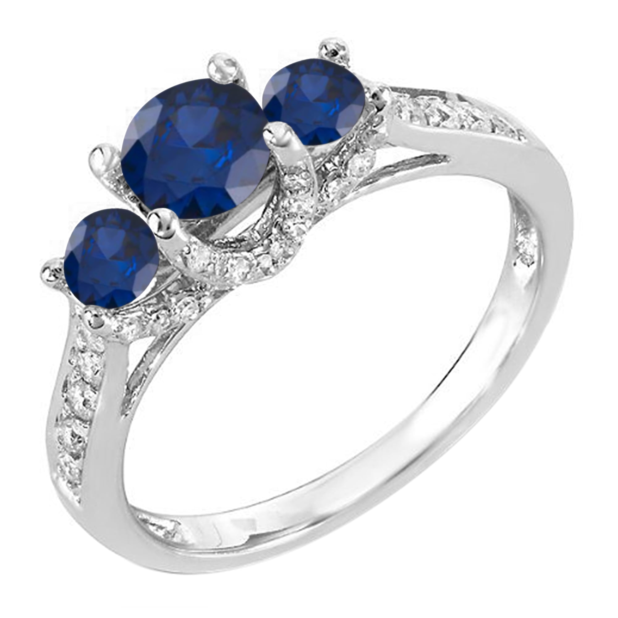 Dazzlingrock Collection Round Blue Sapphire & White Diamond 3 Stone Bridal Engagement Ring for Women in 10K White Gold Size 6