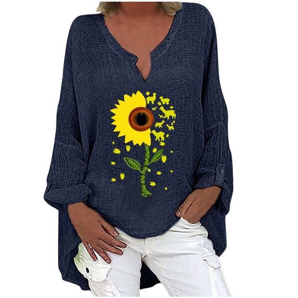 Camiseta suelta estampada a la moda para mujer Blusa de manga larga con cuello en V Tops casuales Pompotops FGAJ3861