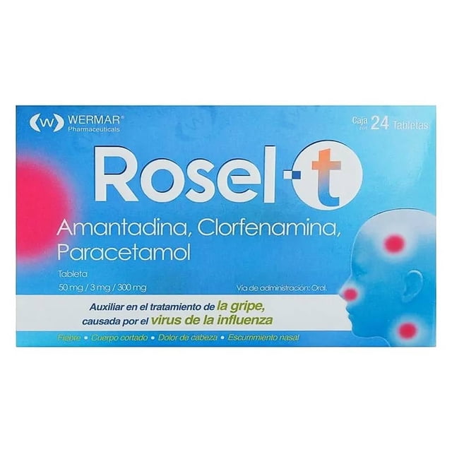Rosel T Amantadina 50 mg, Clorfenamina 3 mg, Paracetamol 300 mg 24 tabletas
