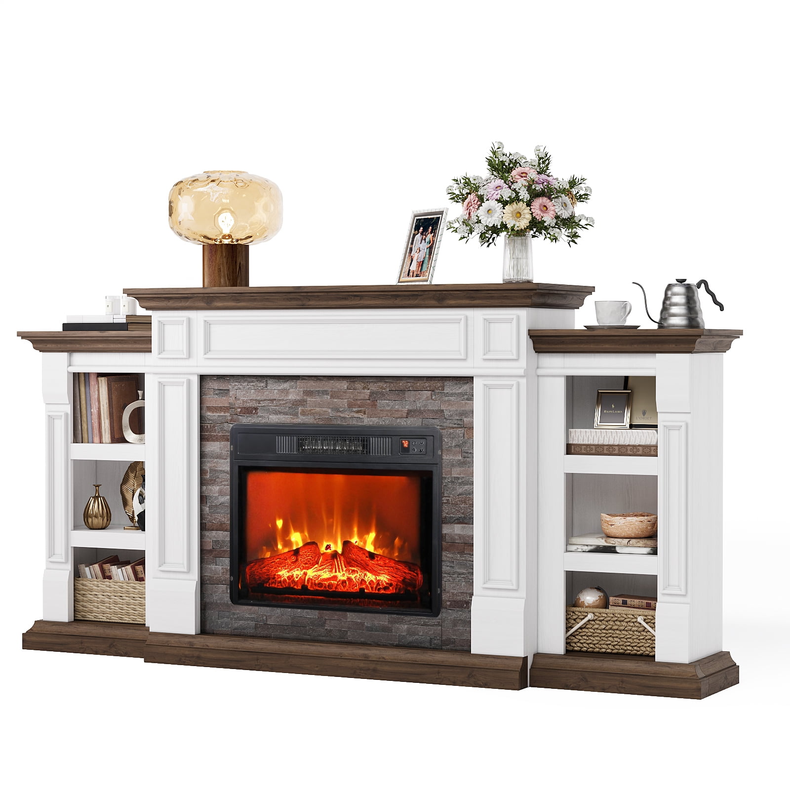 Electric Fireplace with 70" Mantel, Stacked Stone Surround with 23" Fireplace Insert, Adjustable Flame, Remote Control, White