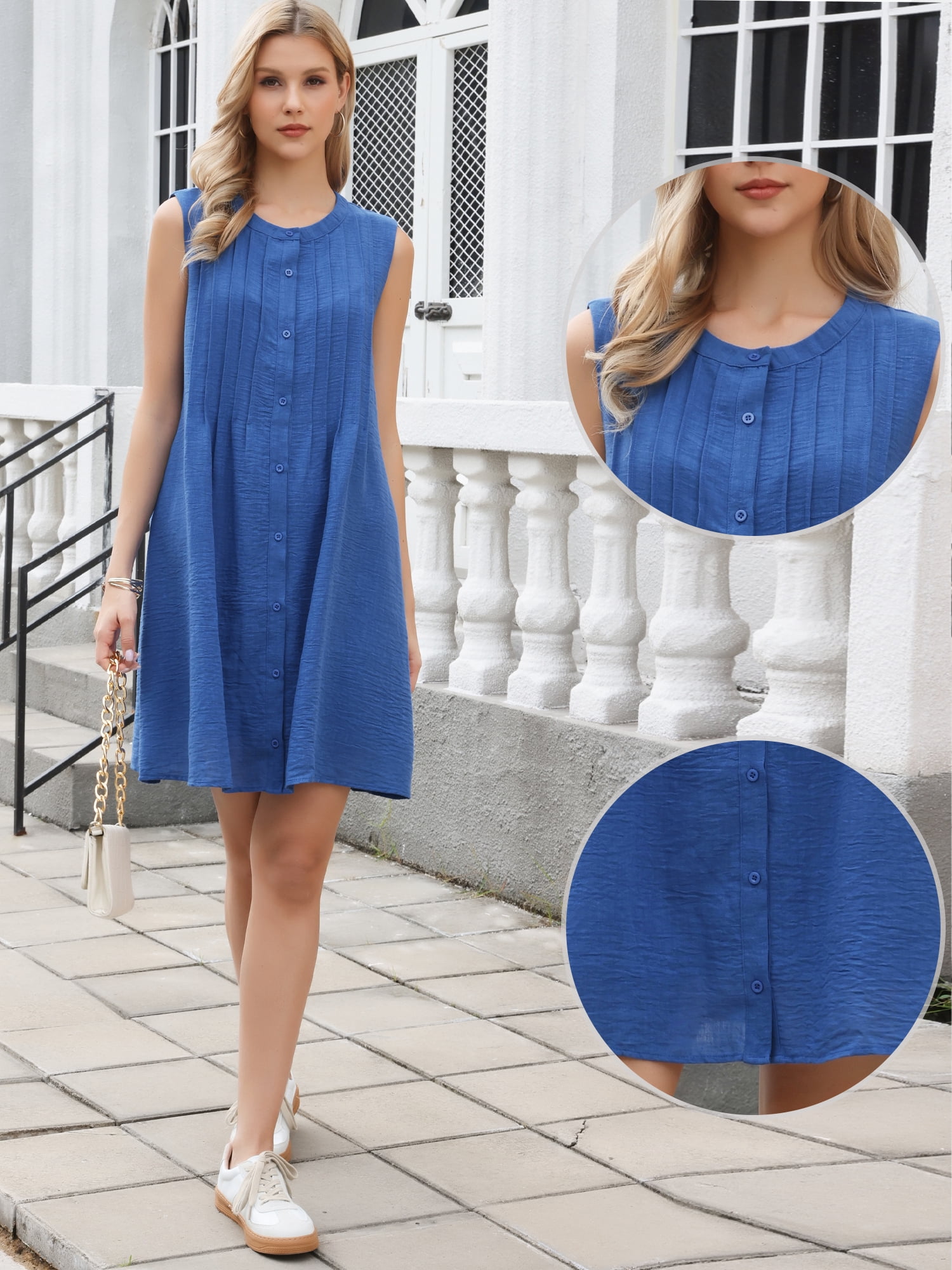 DARING DIVA Women's Sleeveless Mini Dress Boho Crew Neck Short Tank Dresses L Blue