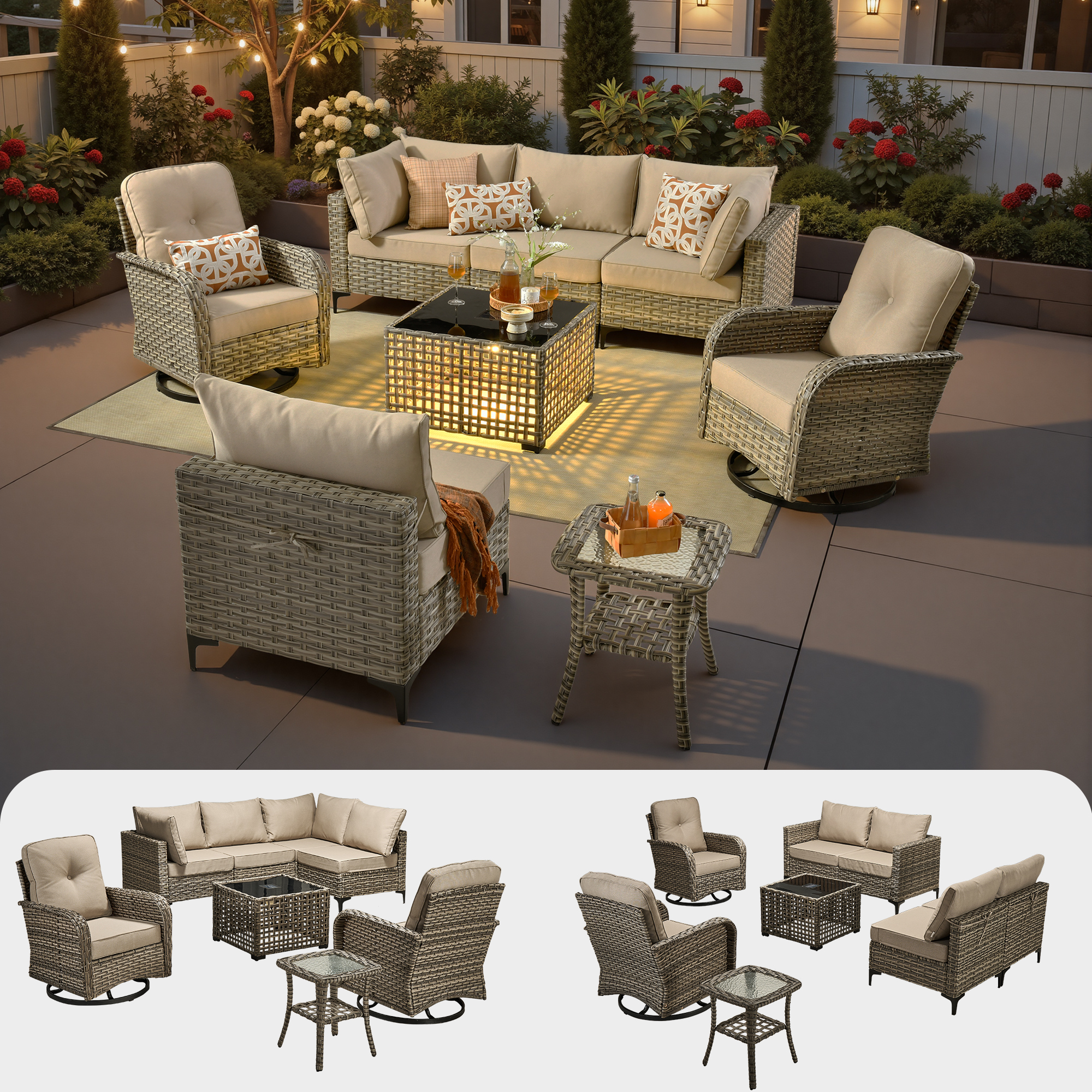Ovios 8 Pieces Patio Furniture Outdoor Conversation Set Rattan Wicker Outside Sectional Sofa with Swivel Chairs & Solar Light Table, Beige