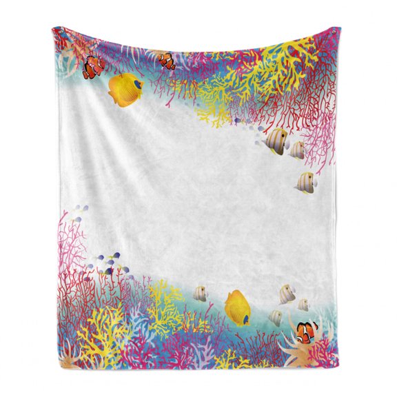 Marine Soft Flannel Fleece Blanket, Aquatic Nautical Illustration of Deep Underwater World Wildlife Animals with Corals, Cozy Plush for Indoor and Outdoor Use, 50" x 70", Multicolor, by Ambesonne