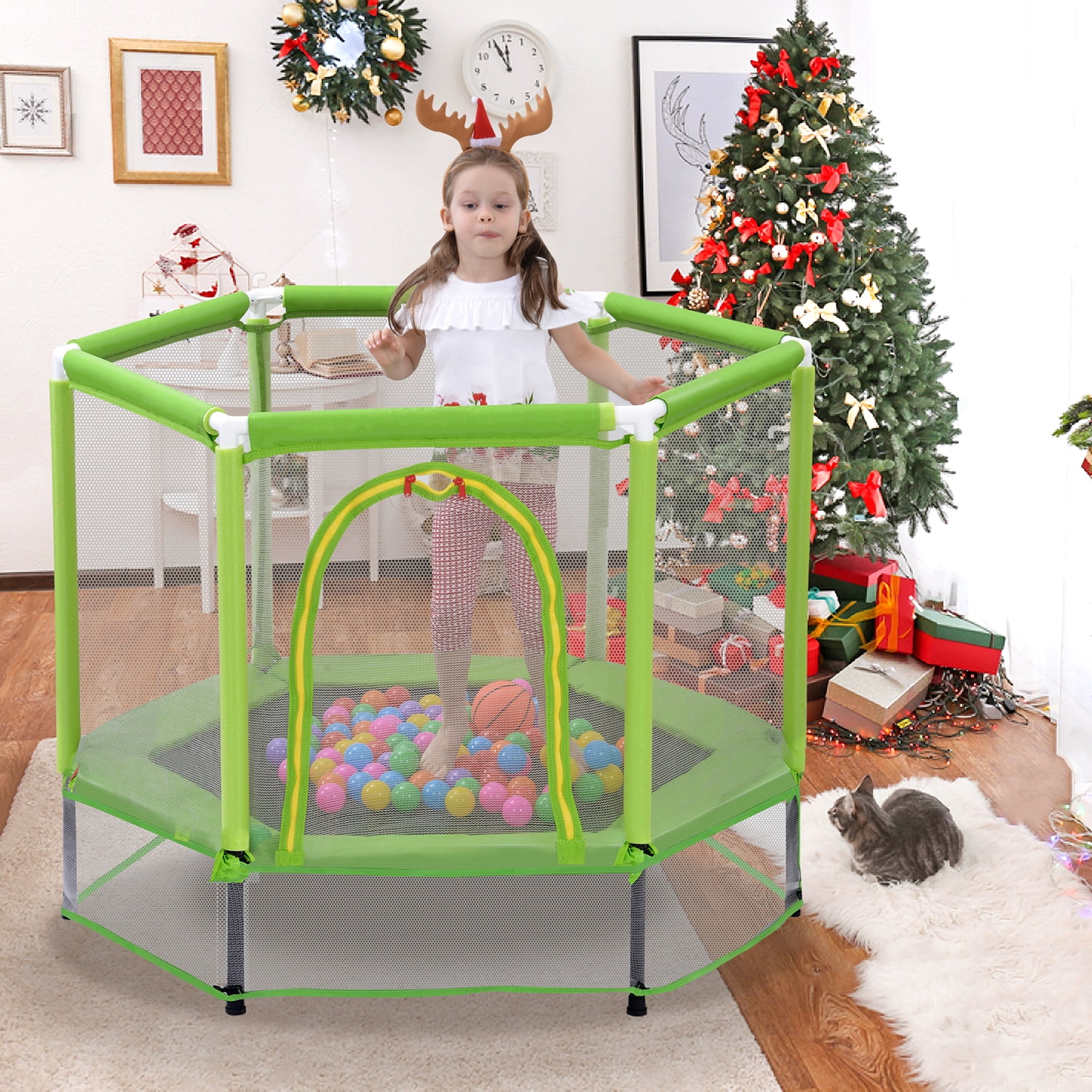 Kadyn 55" Toddlers Trampoline, Vinyl Jumping Trampoline with Safety Enclosure Net and Balls, Indoor Outdoor Mini Trampoline for Kids, Green