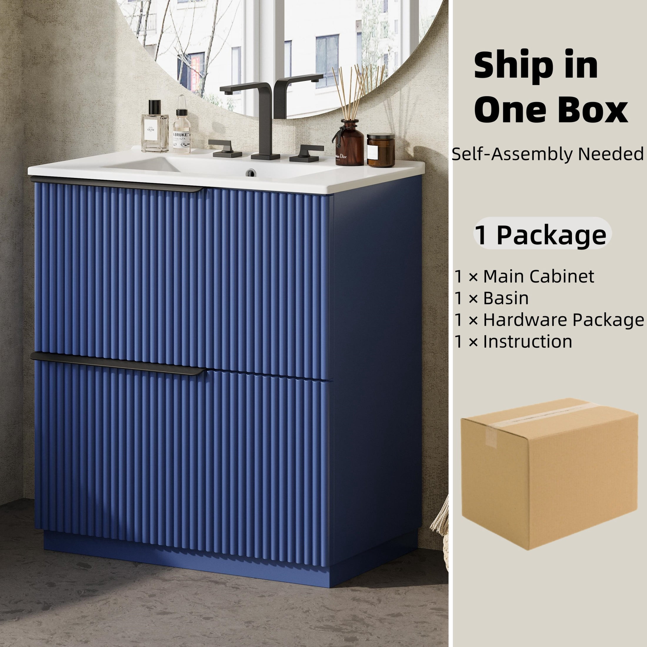 Christopher Knight Home 30" Bathroom Vanity with Sink, Soft-Close Drawers & Fluted Design, Blue