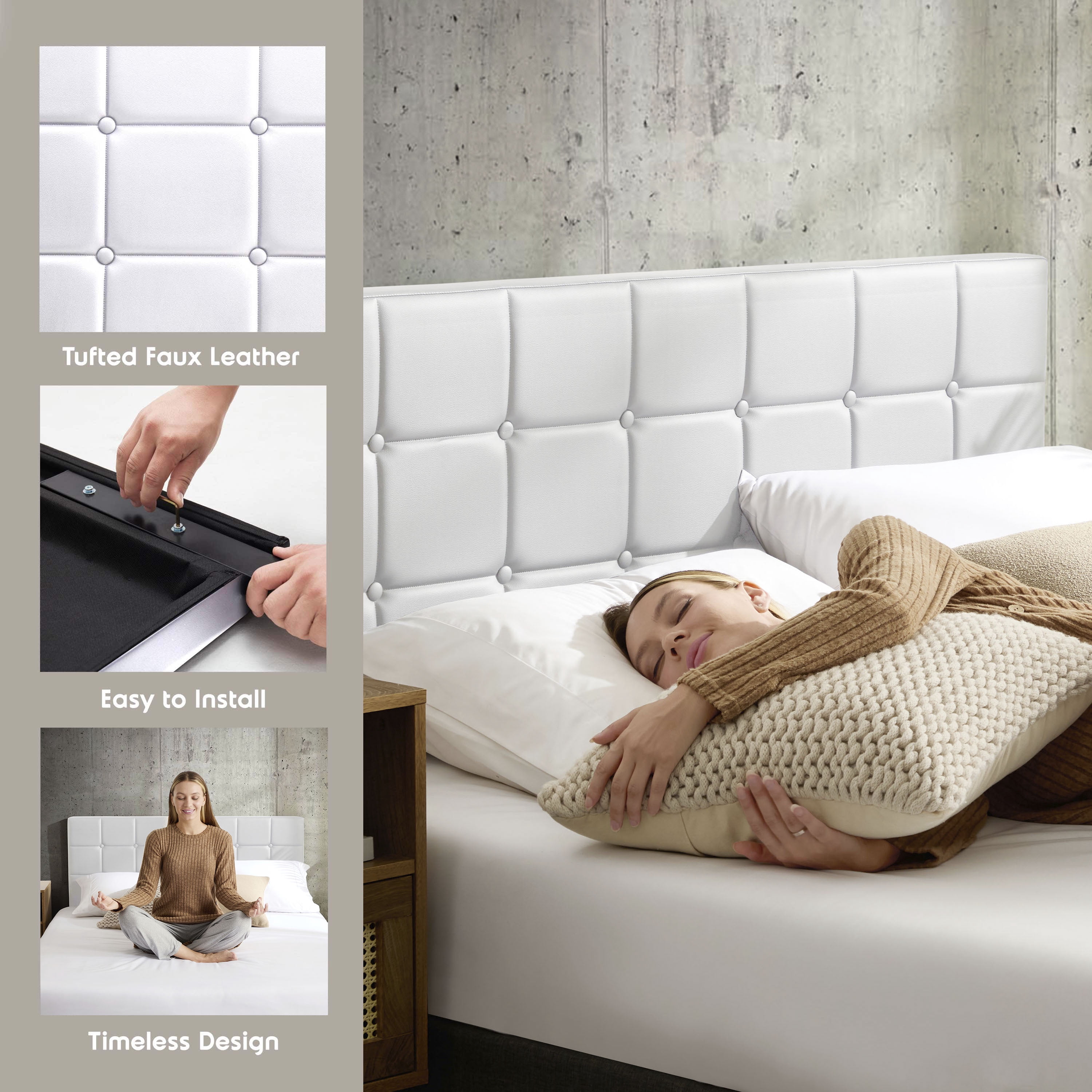 LammaLoe Faux Leather Button Square Tufted Full Headboard with Adjustable Height, White, Full