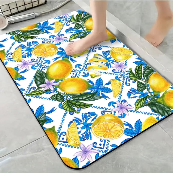 1pc Lemon and Blue Floral Bathroom Rug Bathroom Decor and Accessories- Durable,Anti Slip,And Quick Drying,Suitable For Indoor/outdoor Use - Perfect For Bathrooms,Bedrooms,Kitchens