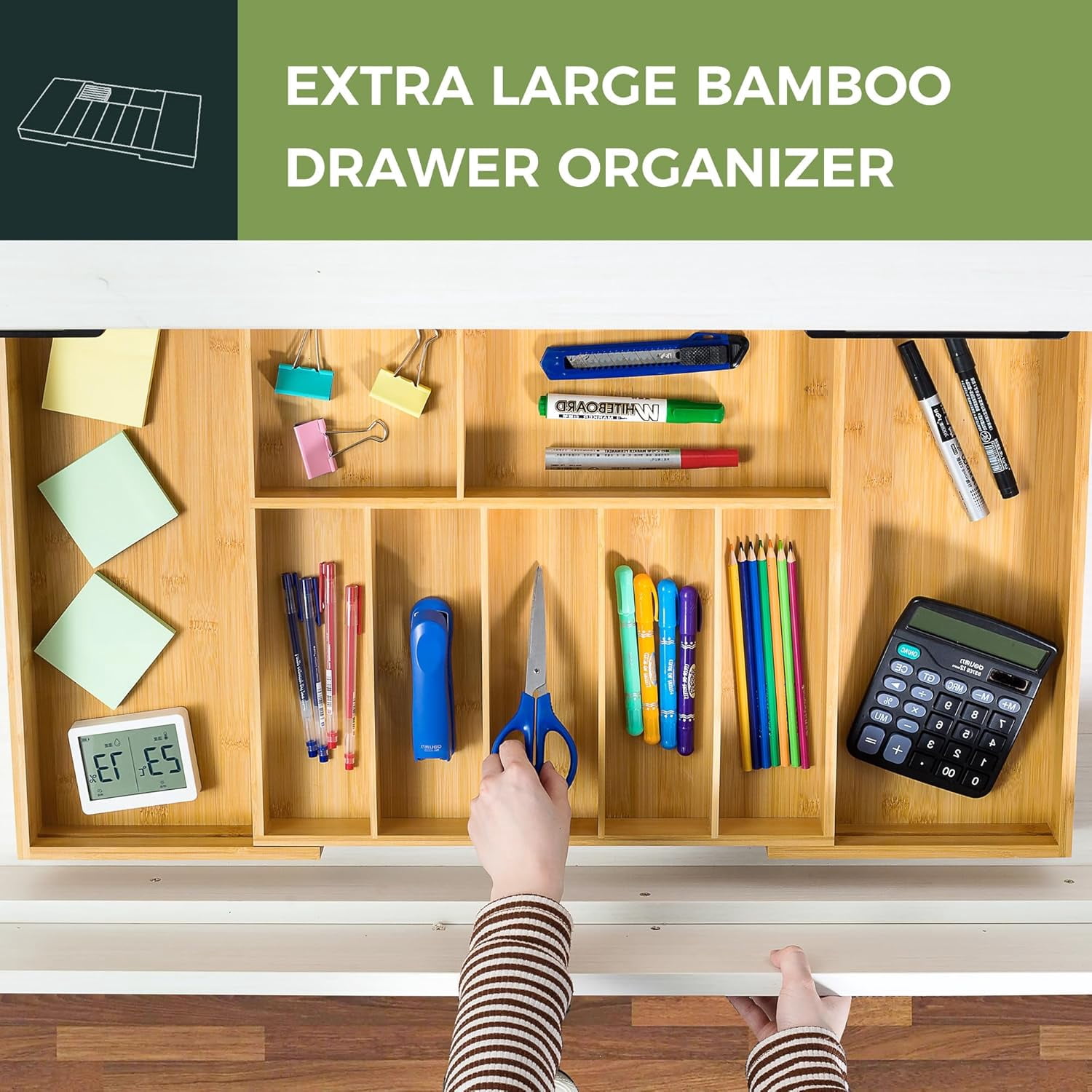Utoplike Extra Large Kitchen Drawer Organizer, Bamboo Utensil Organizer with Removable Knife Block, Expandable Cutlery Tray