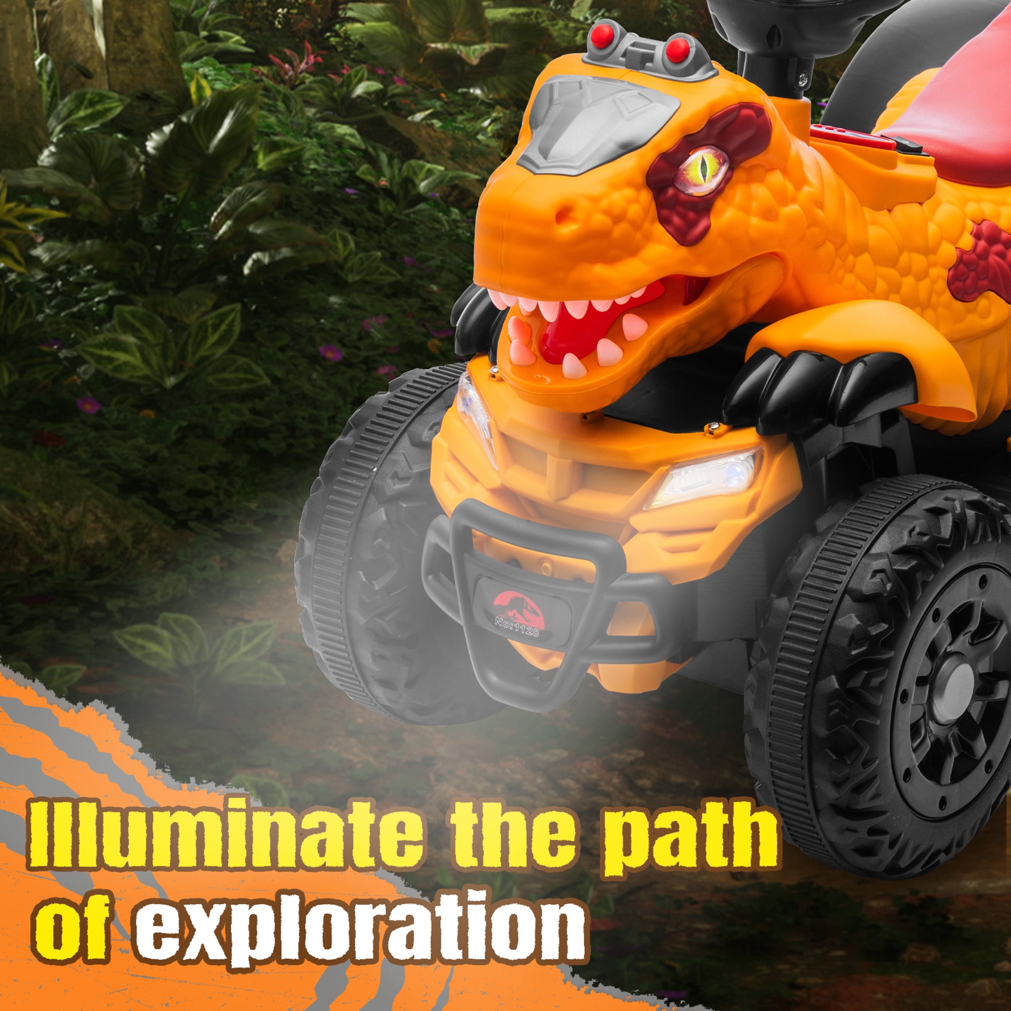 SUSIELADY 12V Kids Dinosaur Ride on ATV, Quad 4 Wheeler Dinosaur Design, Electric Ride on Toy, Music Early Education Function, Power Display, Safe Driving, Outdoor Toy for Boys Girls Aged 2-6, Yellow
