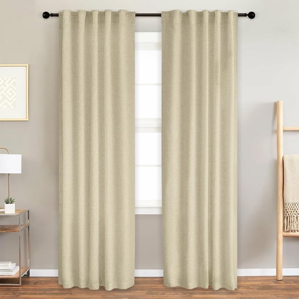Lino Cortinas Blackout 100% Opacas, Bolsillo para Barra/Pestaña Trasera, para Recámara y Ventana de Sala, 2 Paneles (Lino, 132 x 241)