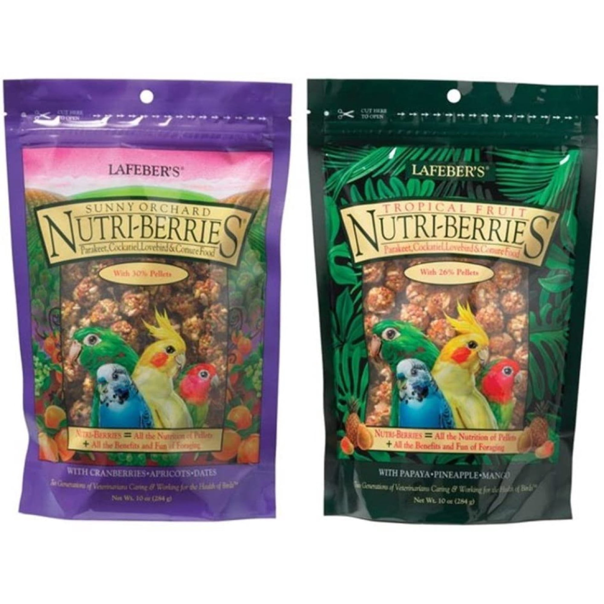 "LAFEBERS Nutri-Berries Parakeet, Cockatiel, Lovebird & Conure Food 2 Flavor Variety Bundle, (1) Each: Papaya Pineapple Mango, Cranberries Apricots Dates, 10 Ounces"
