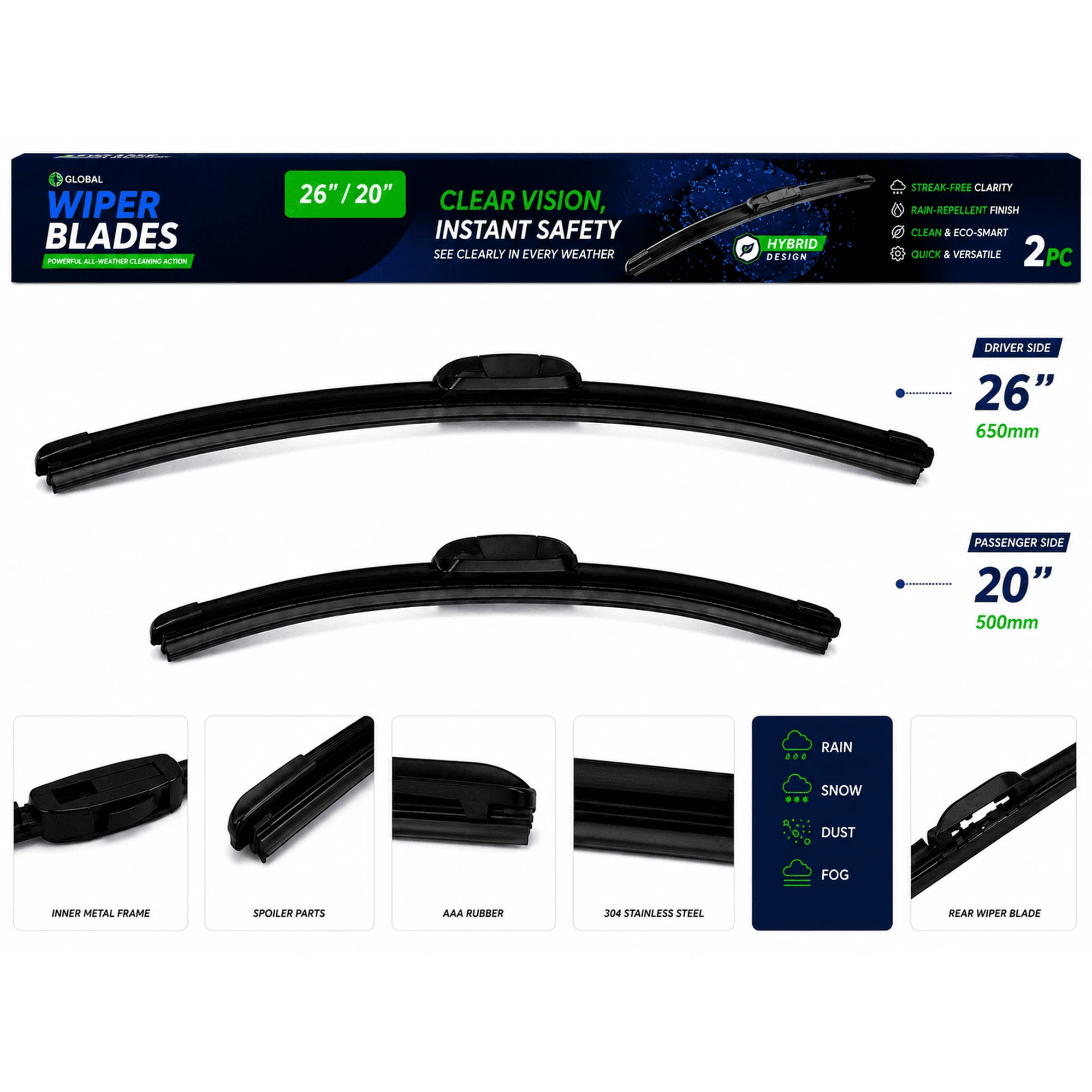 Top-Tier Pack Front Wiper Blades 26"+20" For Toyota Grand Highlander 2024–2026