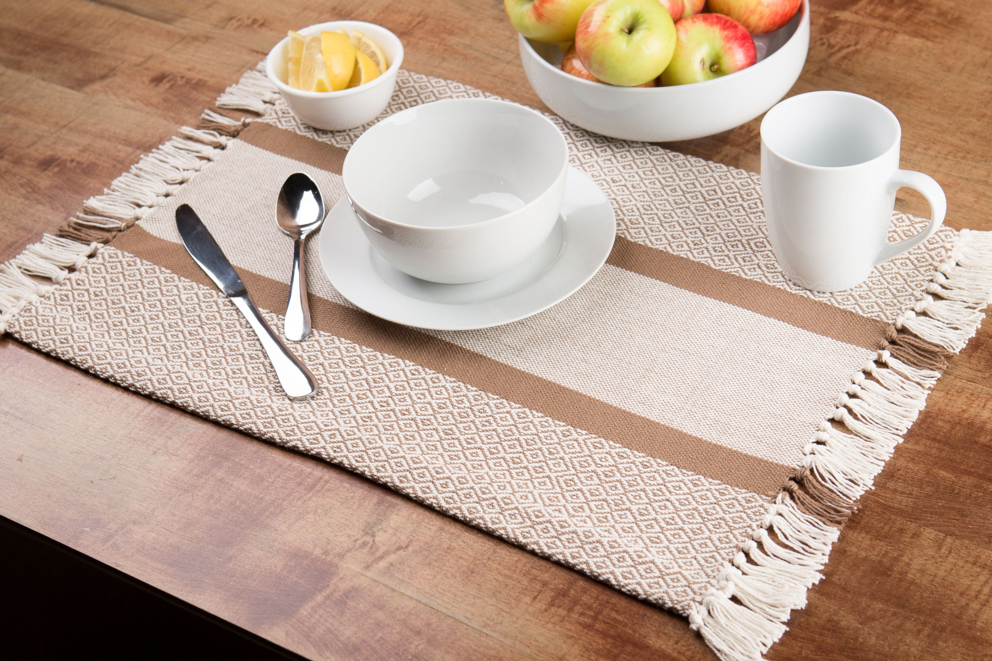 Sticky Toffee Cotton Woven Placemat Set with Fringe, Traditional