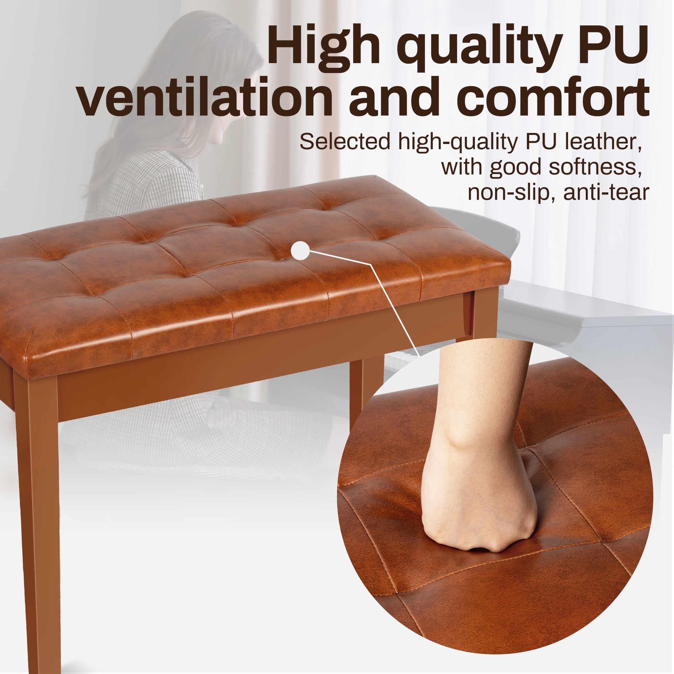 AODSK Duet Piano Bench with Storage, Padded Cushion, Soild Wood Leg Bench Stool Chair for Piano Keyboard Seater -Brown
