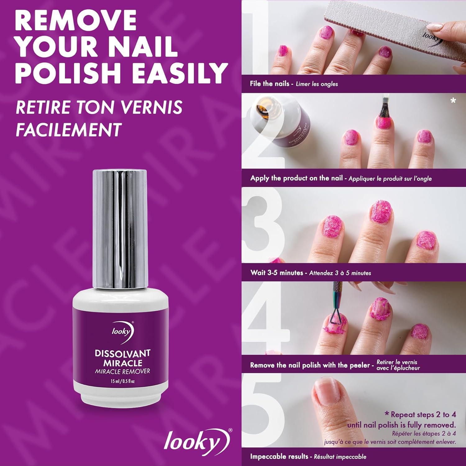 Looky – Dissolvant Miracle de vernis gel rapide et facile, sans trempage, sans odeur, solution de soin des ongles rapide, élimine le vernis en 5 min, doux, finition de qualité professionnelle, 15 ml Volume 15 ml