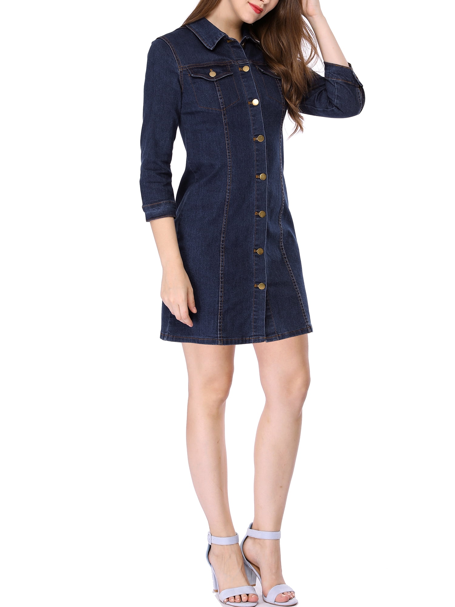 DARING DIVA 3/4 Sleeve Button Down Denim Shirt Dress M Blue