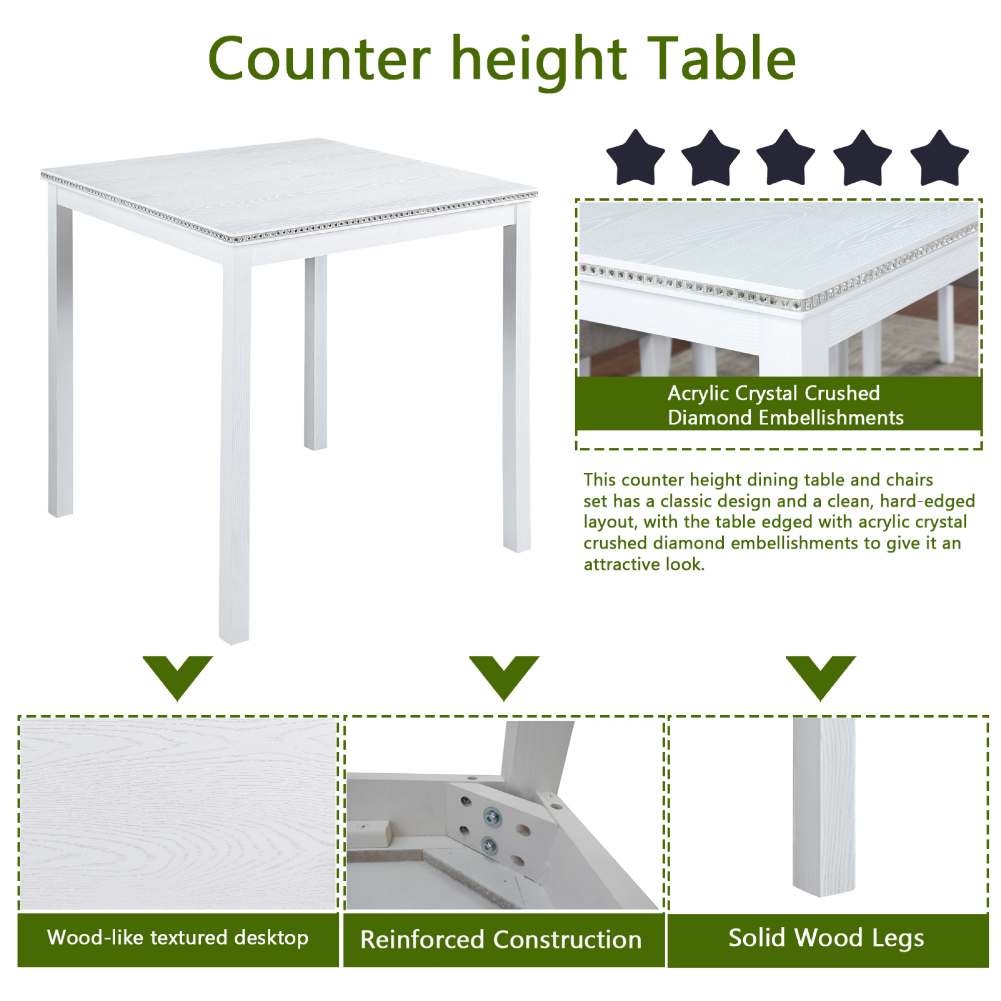 Leumius 5 Pieces Dining Table Set,Counter Height Table Set with Square Table and 4 Upholstered Chairs,Wooden Kitchen Table Set for Kitchen, Dining Room,Light Gray+White