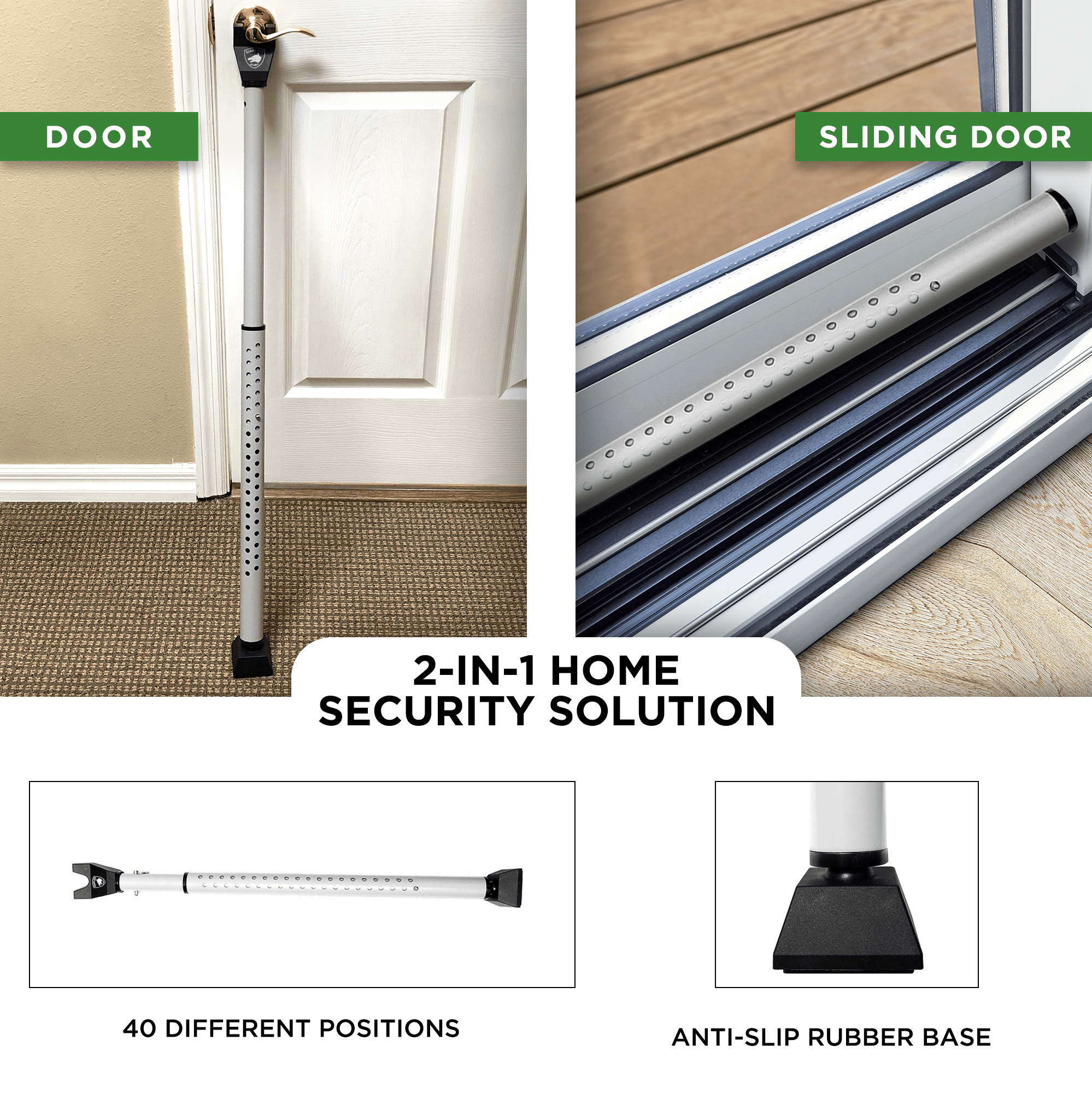 Door Stopper Security Bar, 2-in-1 Adjustable Door Steel Jammer, 300 lbs of Force, by Guard Dog Security, 1 pack White