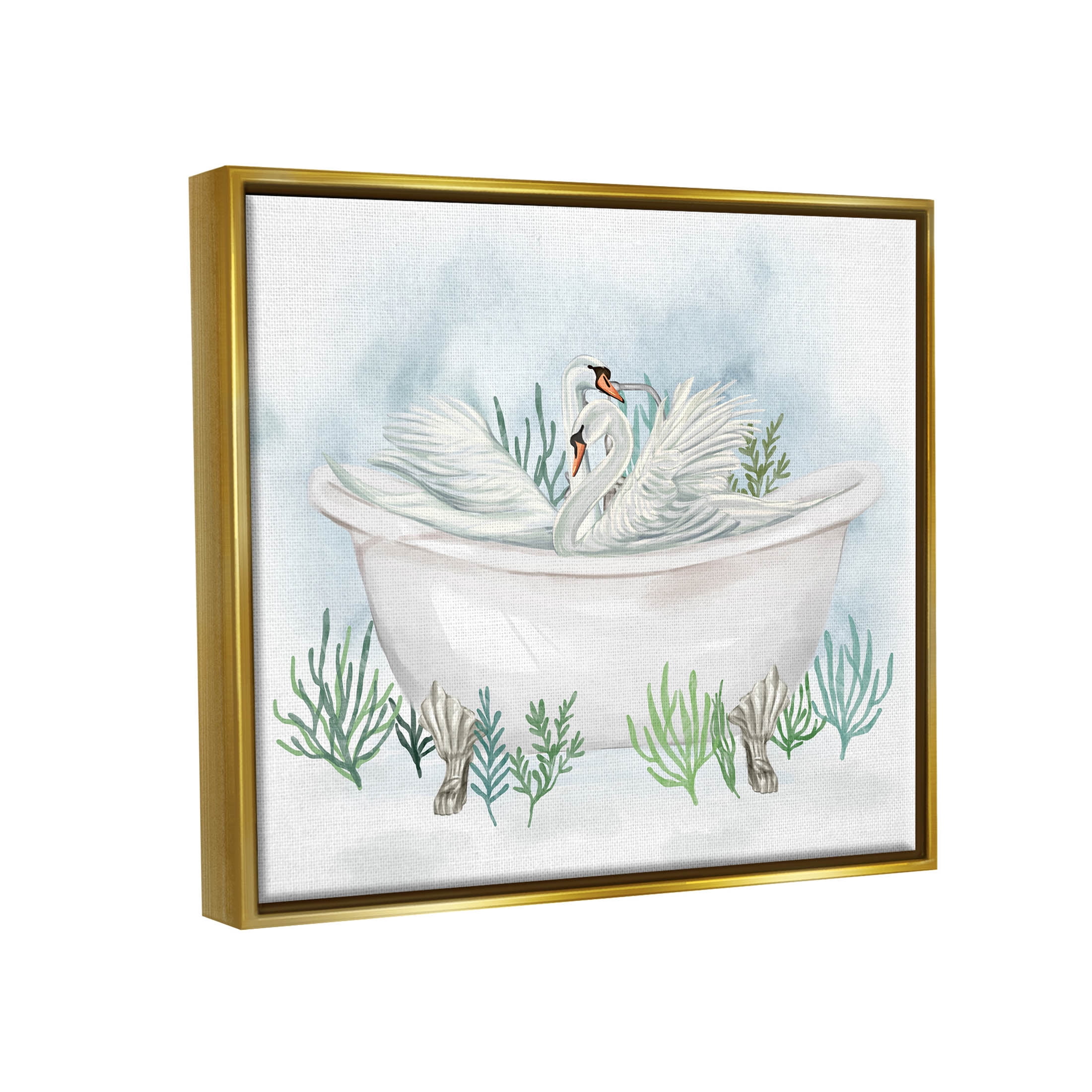 Swan Duo Bathtub Botanicals Animals & Insects Graphic Art Metallic Gold Framed Art Print Wall Art