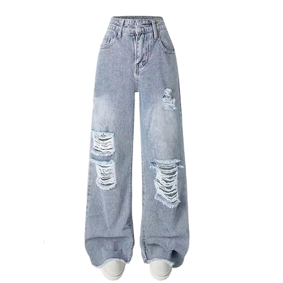 Amidoa Baggy Girls Jeans Wide Leg High Waist Casual Straight Leg Denim Pants,Blue,Size 6