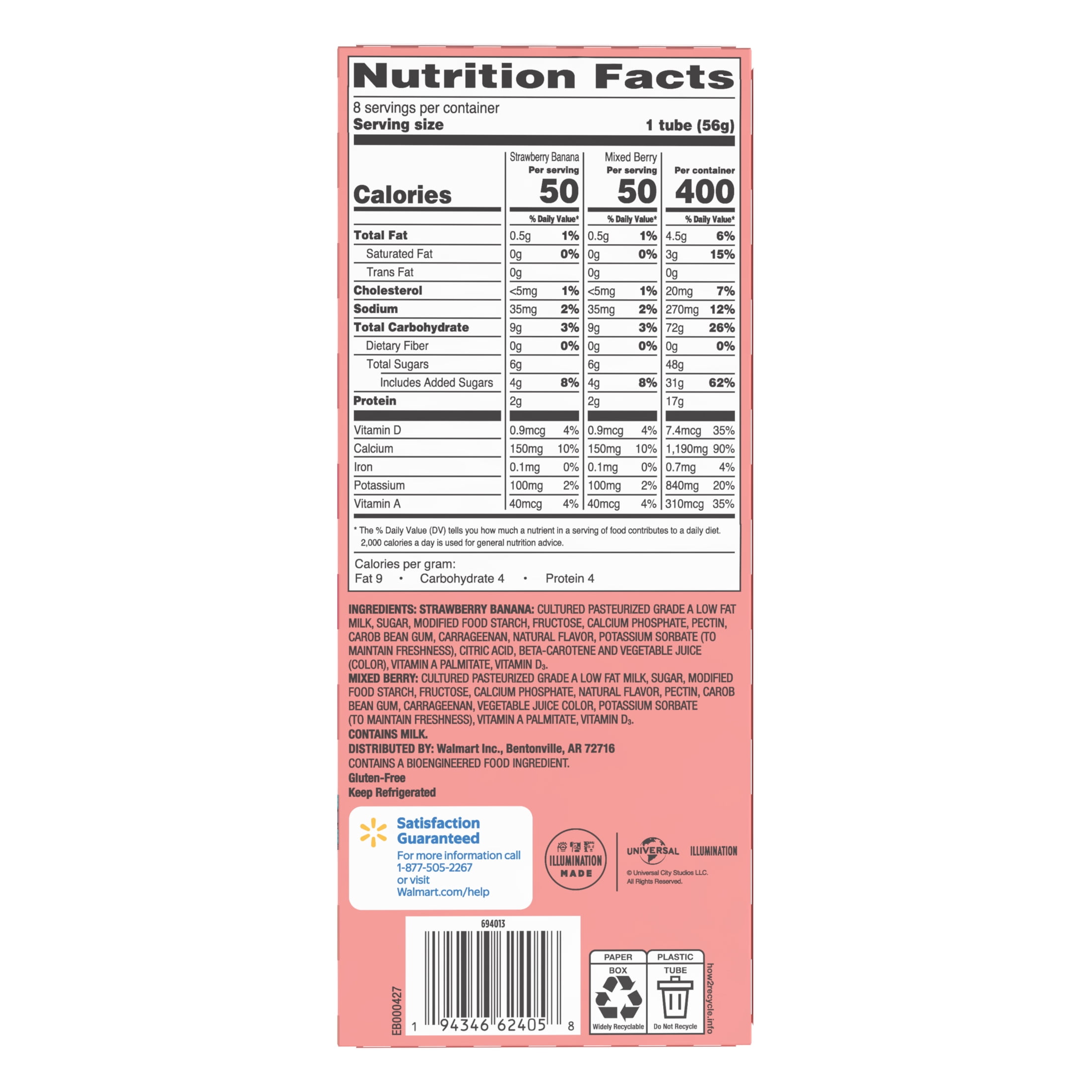 Great Value Kids Low-Fat Strawberry Banana & Mixed Berry 2 oz Yogurt Tubes, Variety Pack, 8 Count
