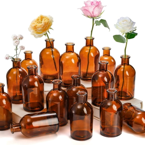 16 Pack Amber Glass Bud Vases, Small Bud Vases in Bulk, Glass Flower Vases for Centerpieces, Vintage Drative Bottle Vases for Flowers, Home Dr, Wedding Reception, Office
