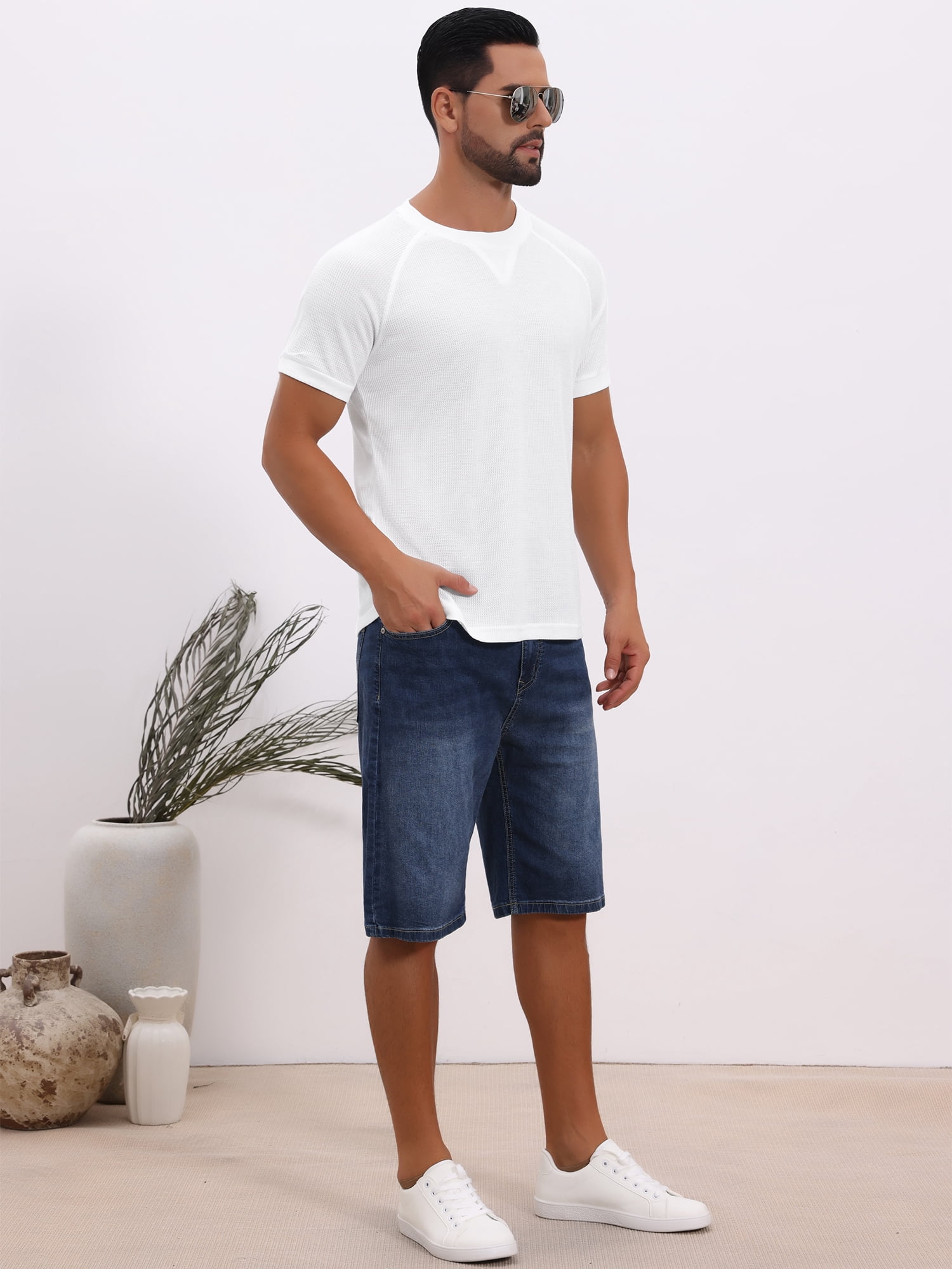 DARING DIVA Men's Waffle Fabric Classic Crew Neck Raglan Short Sleeves 2XL White