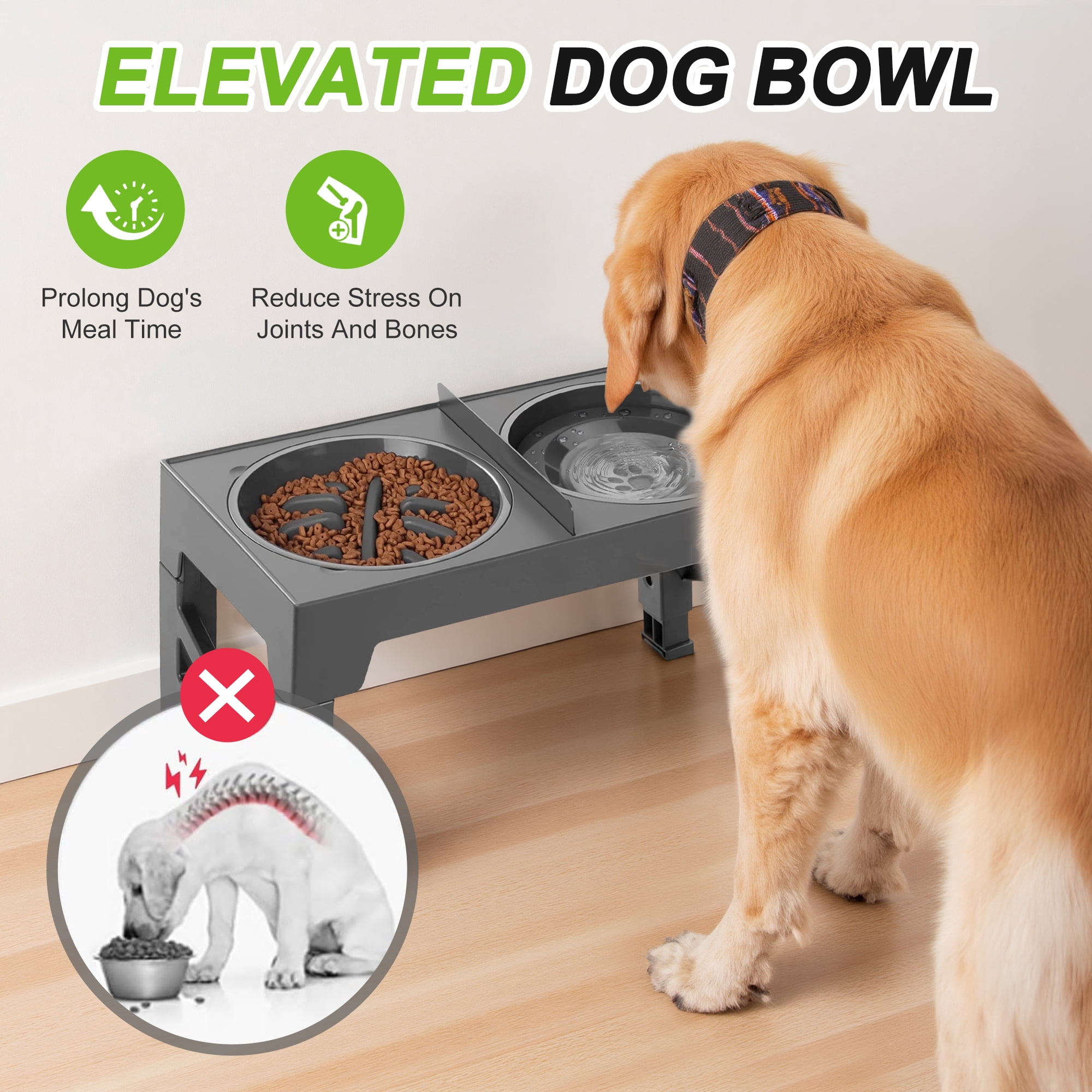GARITIN Elevated Dog Bowls for Large Dogs, Slow Feeder Dog Food and Water Bowls for Dogs No Spilling, Plastic Raised Dog Bowls with Stand for Medium Dog, Cats and Pets
