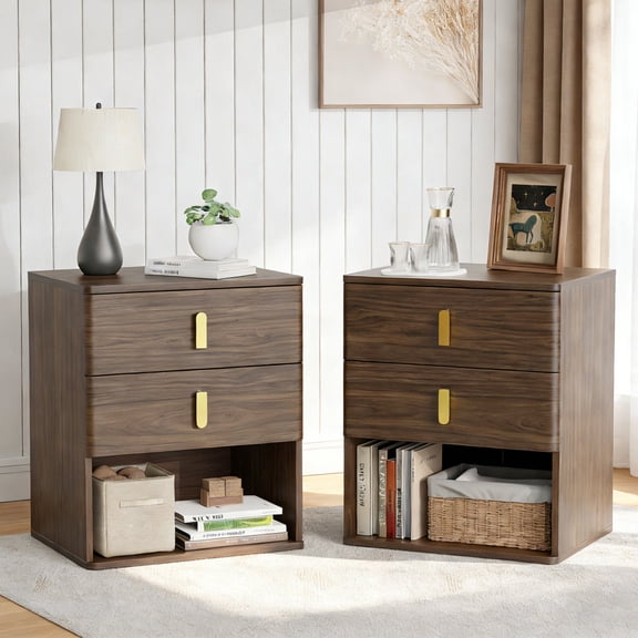 Walnut Nightstand Set of 2, Farmhouse Bedside Table with 2 Drawers, Wood Side Table with Open Shelf, End Tables for Bedroom