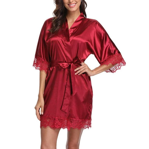 Women Robe Lace Stitching Sexy Half Sleeve Pajamas Emulation Silk Nightgown