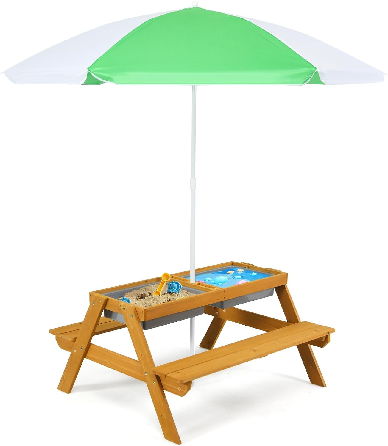 DORTALA Kids Picnic Table, 3-in-1 Water & Sand Activity Table with Height Adjustable Umbrella & Removable Tabletop, Outdoor Wooden Bench & Table Set for Toddler, for Garden, Yard & Patio, Blue