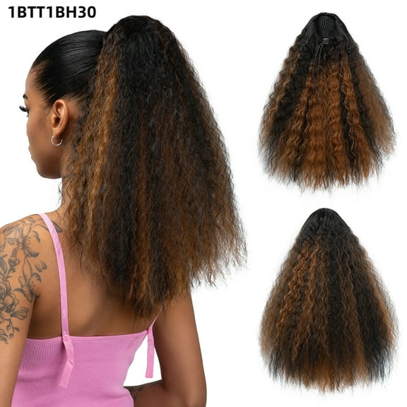 Nvzi-a 16inch Long Corn Curly Wave Drawstring Ponytail Synthetic High Puff Hair Pieces With Comb Black Wavy Clip in Extensions ，Auburn and Black