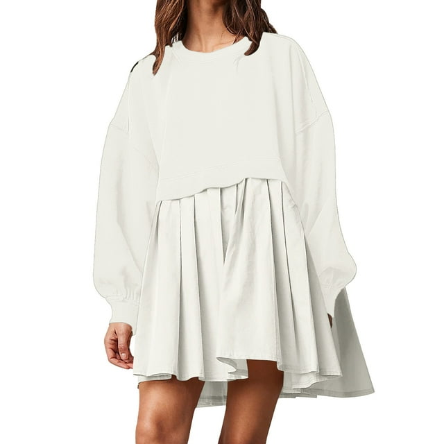 Robe Chandail en Molleton Oversize pour Femmes, Robes d'Été pour le Travail, Manches Longues, Col Rond, Chandail Maxi, Hauts Décontractés, Mini