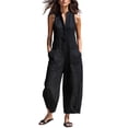 thumbnail image 2 of Linen Jumpsuits for Women Sleeveless Casual Stand Collar Button Loose Wide Leg Romper,Summer Linen Blend Jumpsuits for Women(Black,M), 2 of 5