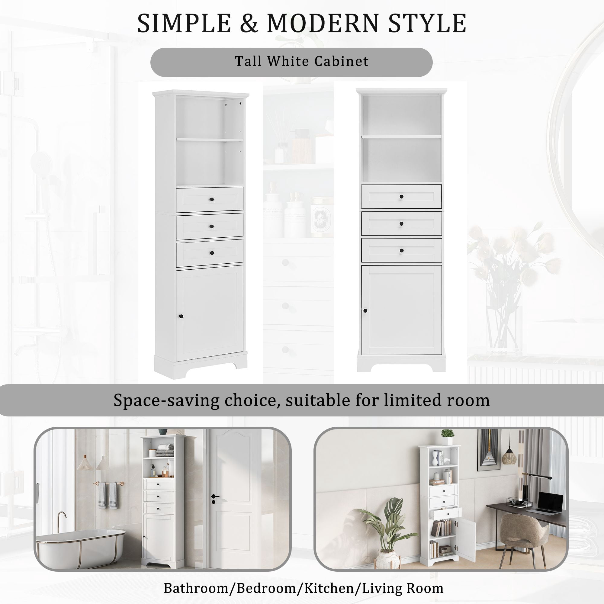 DEALTOPS Tall Storage Cabinet with 3 Drawers and Open Storage for Living Room, Bathroom, White