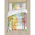 thumbnail image 3 of Landscape Duvet Cover Set King Size, Hand Drawn Watercolor Autumn Park Trees Shrubs Bench and Lanterns Nature Artwork, Decorative 3 Piece Bedding Set with 2 Pillow Shams, Multicolor, by Ambesonne, 3 of 3
