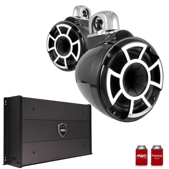 Wet Sounds REV8B-FC 8" Black Tower Speakers with Stainless Steel Fixed Clamps & SYN-DX2.3 1200 Watt Amplifier