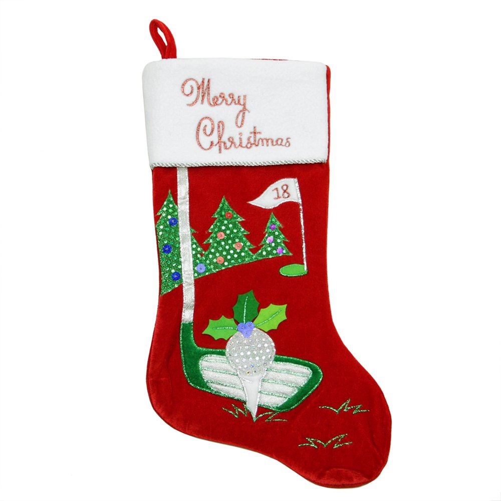 20" Red Velveteen Golf Themed Christmas Stocking with White Embroidered